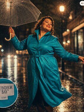 VTG Windsor Bay Metallic Teal Trench Coat Plus Size 22WP Retro 80s 90s Belted